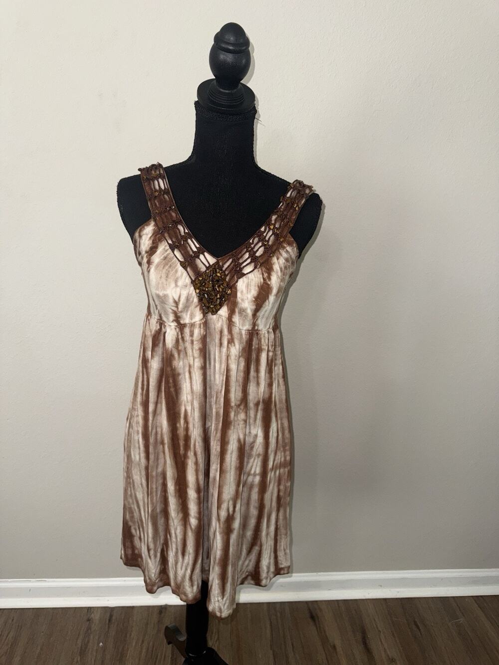 INC PS Petite Brown Tie Dye Crochet Beaded V-Neck Empire Waist Dress Y2K Fairy